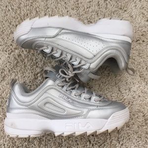 Metallic Silver Fila Disruptors